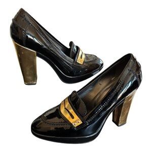 Hogan Black Patent Leather Heel Loafers with Gold Accent Size 6